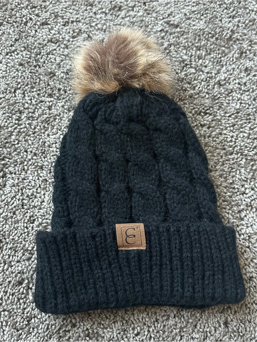 CC Boutique Black Knit Beanie with Brown Faux Fur Pom